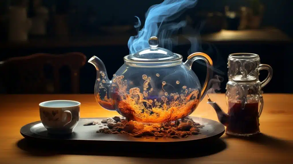 Tee Service mit heißem Tee auf Tisch